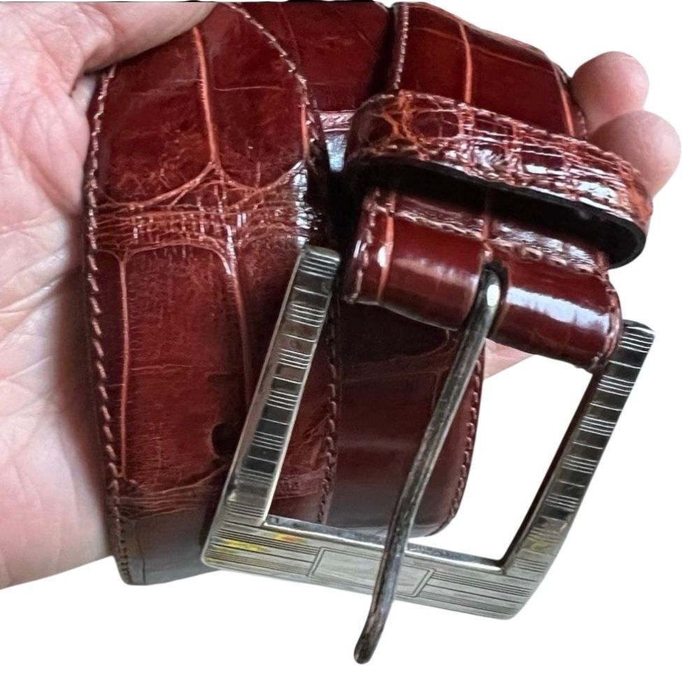 Ralph Lauren Alligator Belt Mahogany Brown Sterling Silver Buckle 1.25” Wide 28